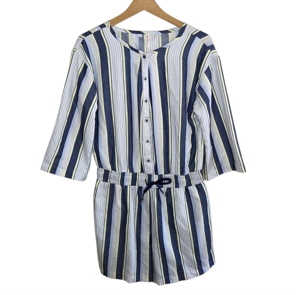 Travis Mathew | Lucky Loo Twill Tie Waist Romper Size Medium Navy Yellow Stripe - Picture 1 of 9